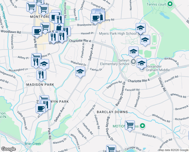 map of restaurants, bars, coffee shops, grocery stores, and more near 3239 Sunnymede Lane in Charlotte