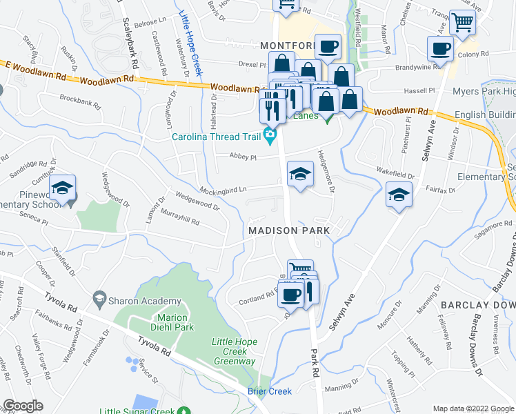 map of restaurants, bars, coffee shops, grocery stores, and more near 4722 Park Road in Charlotte