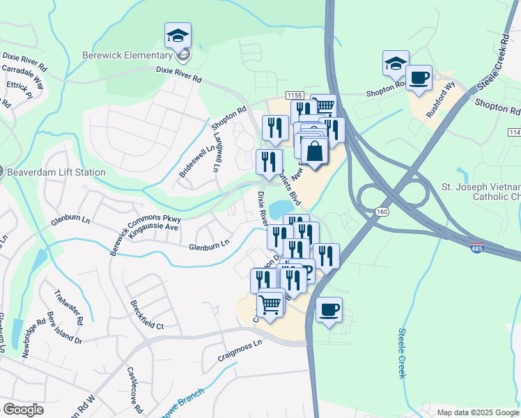 map of restaurants, bars, coffee shops, grocery stores, and more near 5220 New Fashion Way in Charlotte