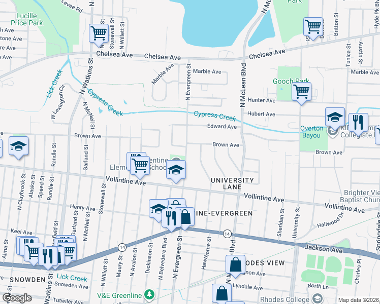 map of restaurants, bars, coffee shops, grocery stores, and more near 1026 North Evergreen Street in Memphis