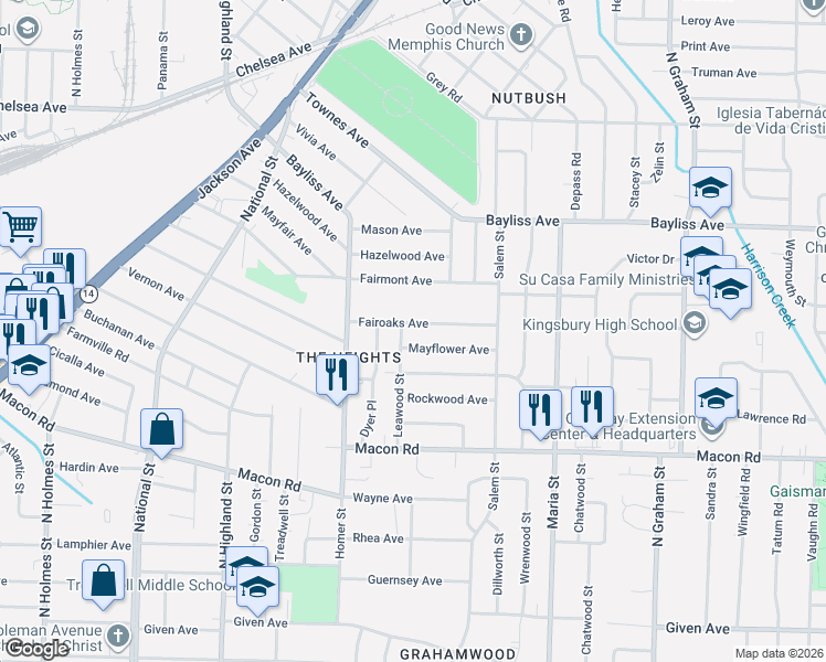 map of restaurants, bars, coffee shops, grocery stores, and more near 3698 Mayflower Avenue in Memphis