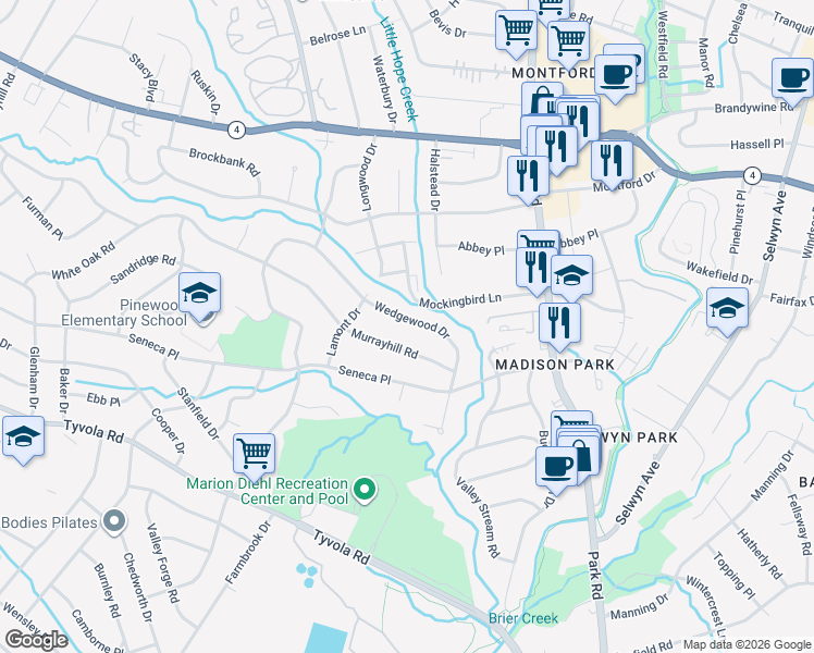 map of restaurants, bars, coffee shops, grocery stores, and more near 5742 Wedgewood Drive in Charlotte