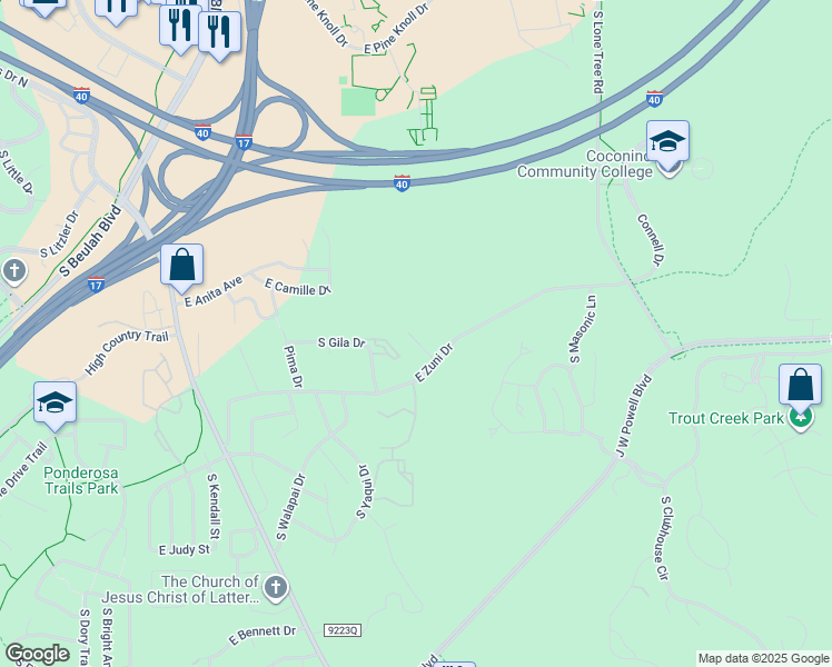 map of restaurants, bars, coffee shops, grocery stores, and more near 3224 South Leupp Drive in Flagstaff