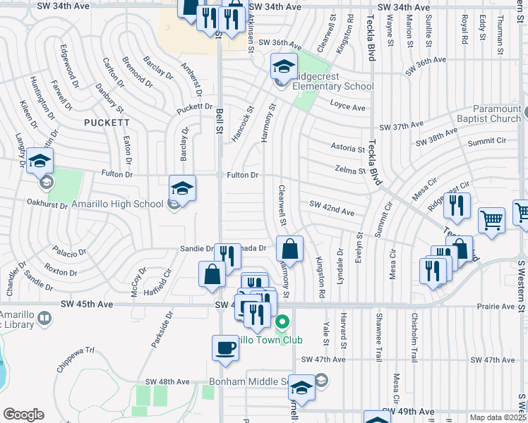 map of restaurants, bars, coffee shops, grocery stores, and more near 3906 West Interstate Highway 40 in Amarillo