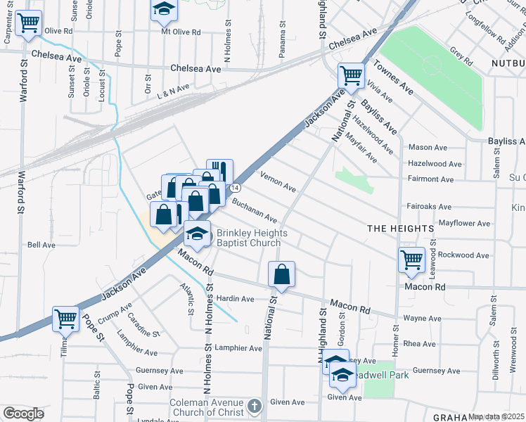 map of restaurants, bars, coffee shops, grocery stores, and more near 3384 Buchanan Avenue in Memphis