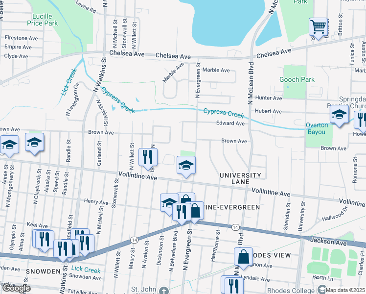 map of restaurants, bars, coffee shops, grocery stores, and more near 1685 Rosebud Lane in Memphis