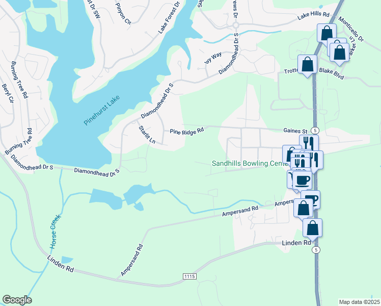 map of restaurants, bars, coffee shops, grocery stores, and more near Harrington Lane in Pinehurst