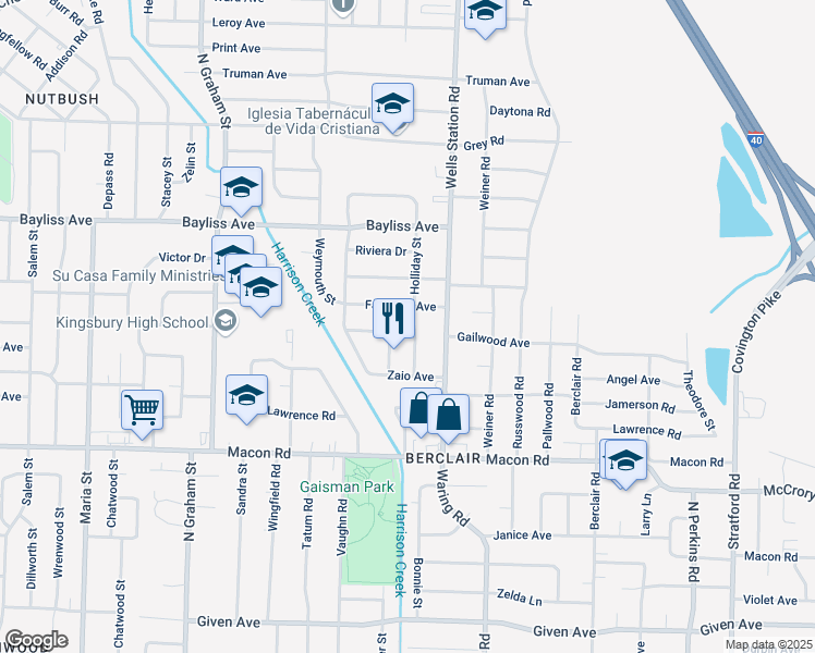 map of restaurants, bars, coffee shops, grocery stores, and more near 1275 Holliday Street in Memphis