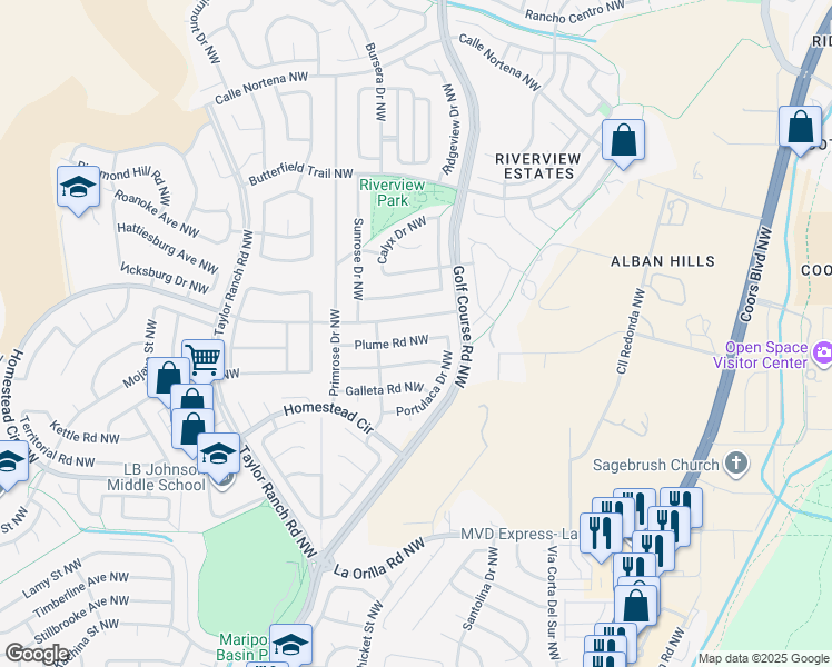 map of restaurants, bars, coffee shops, grocery stores, and more near 4704 Plume Road Northwest in Albuquerque