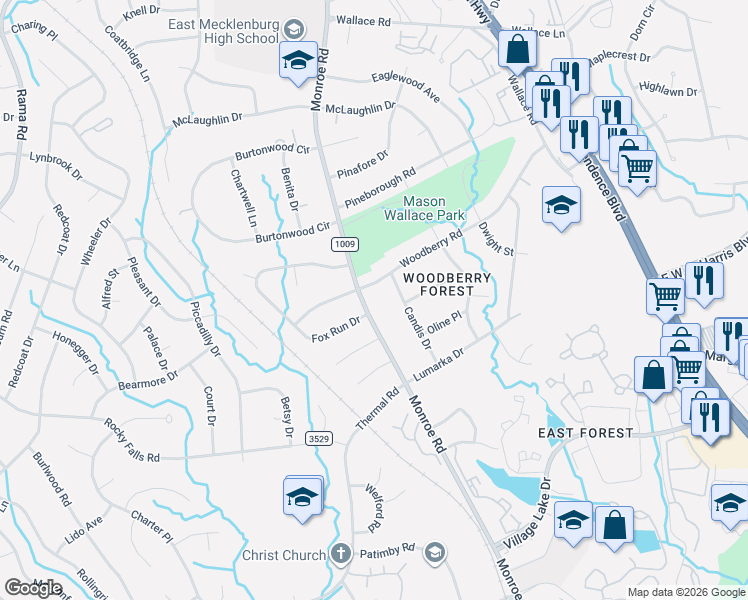 map of restaurants, bars, coffee shops, grocery stores, and more near 7526 Candis Drive in Charlotte