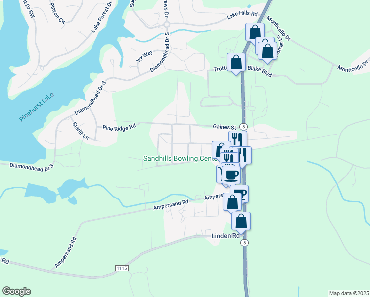 map of restaurants, bars, coffee shops, grocery stores, and more near McRae Street in Moore County