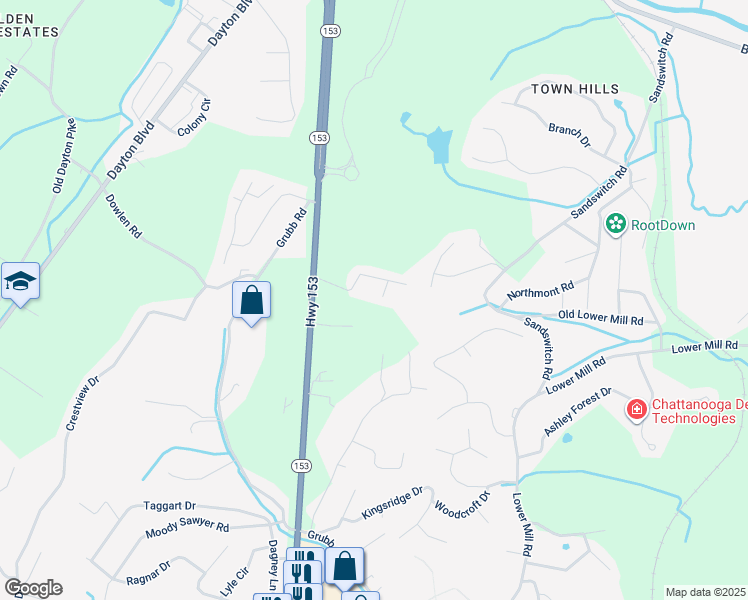 map of restaurants, bars, coffee shops, grocery stores, and more near 6401 Valley Crest Lane in Chattanooga