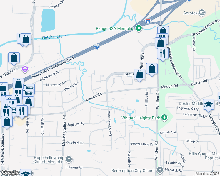 map of restaurants, bars, coffee shops, grocery stores, and more near 6565 Century Arbor Place West in Memphis