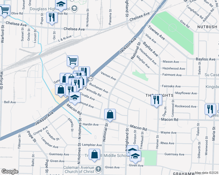 map of restaurants, bars, coffee shops, grocery stores, and more near 3437 Rockwood Avenue in Memphis