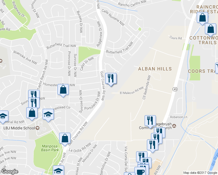 map of restaurants, bars, coffee shops, grocery stores, and more near Riverview Trail in Albuquerque