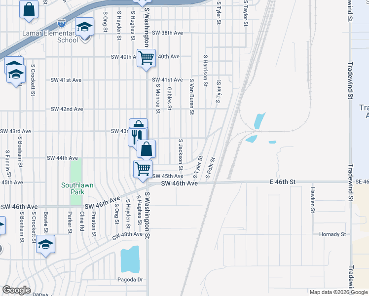 map of restaurants, bars, coffee shops, grocery stores, and more near 4313 South Jackson Street in Amarillo