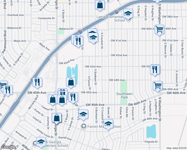 map of restaurants, bars, coffee shops, grocery stores, and more near 4317 South Fannin Street in Amarillo