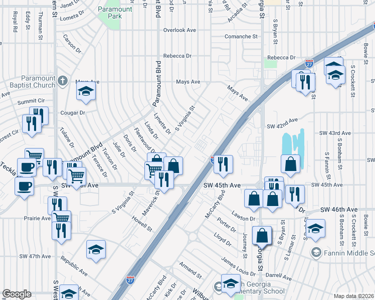 map of restaurants, bars, coffee shops, grocery stores, and more near 4207 Woodfield Street in Amarillo