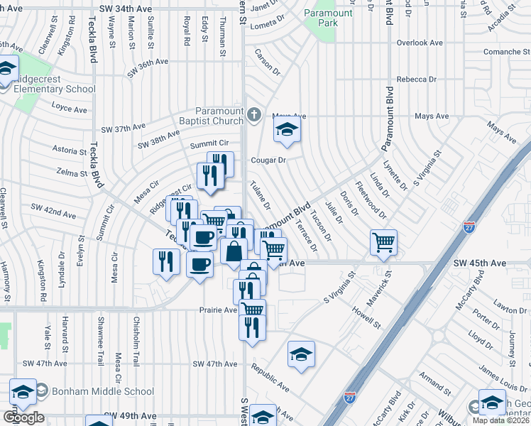 map of restaurants, bars, coffee shops, grocery stores, and more near 4107 Tulia Drive in Amarillo