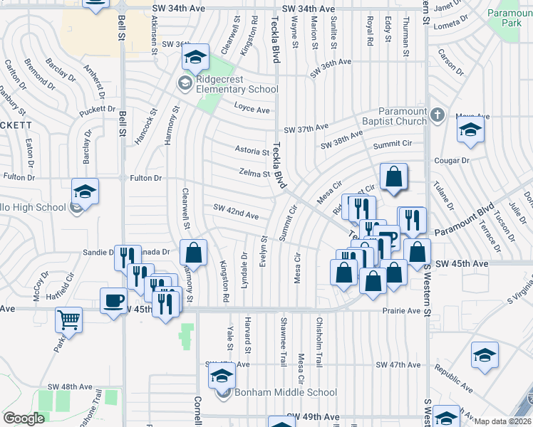 map of restaurants, bars, coffee shops, grocery stores, and more near 5301 Southwest 42nd Avenue in Amarillo