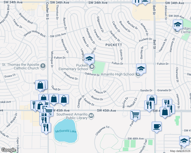 map of restaurants, bars, coffee shops, grocery stores, and more near 4202 Southpark Drive in Amarillo