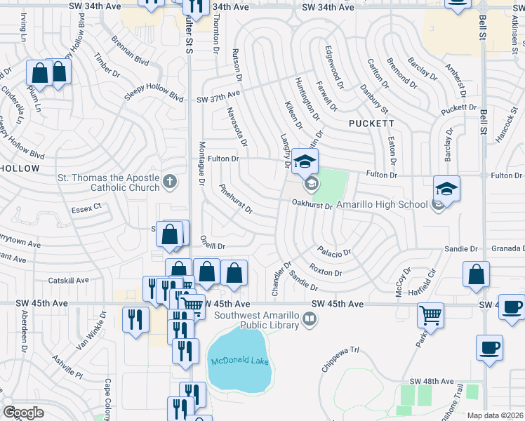 map of restaurants, bars, coffee shops, grocery stores, and more near 4107-4109 Pinehurst Drive in Amarillo