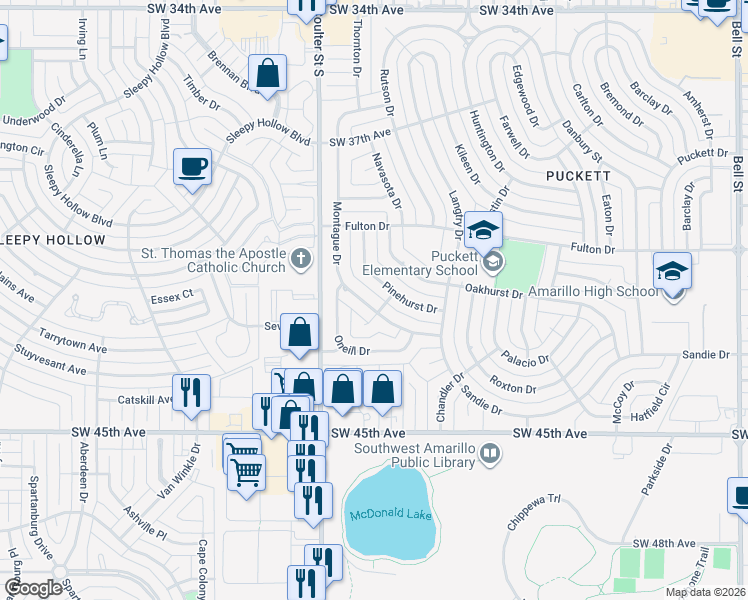 map of restaurants, bars, coffee shops, grocery stores, and more near 6818 Montague Drive in Amarillo