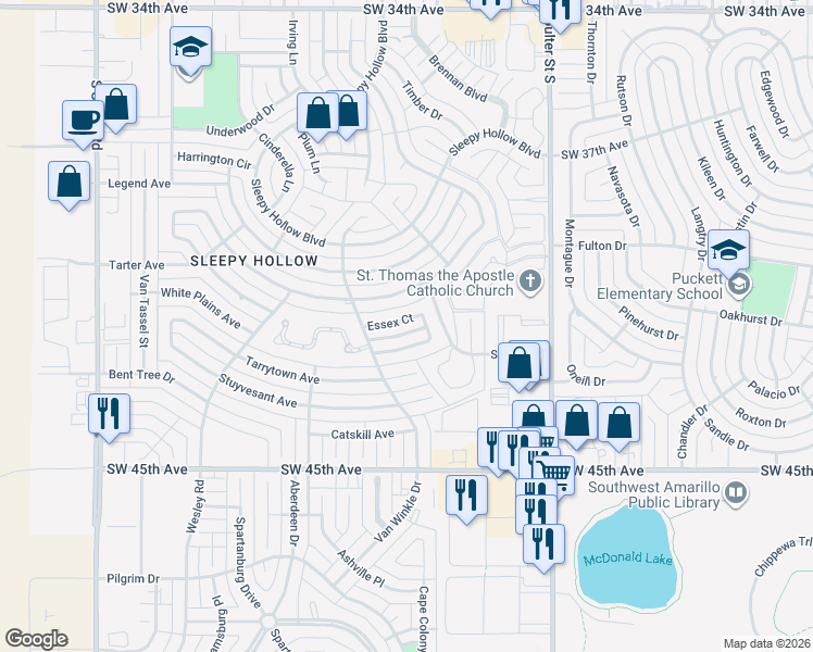 map of restaurants, bars, coffee shops, grocery stores, and more near 7511 Essex Ct in Amarillo