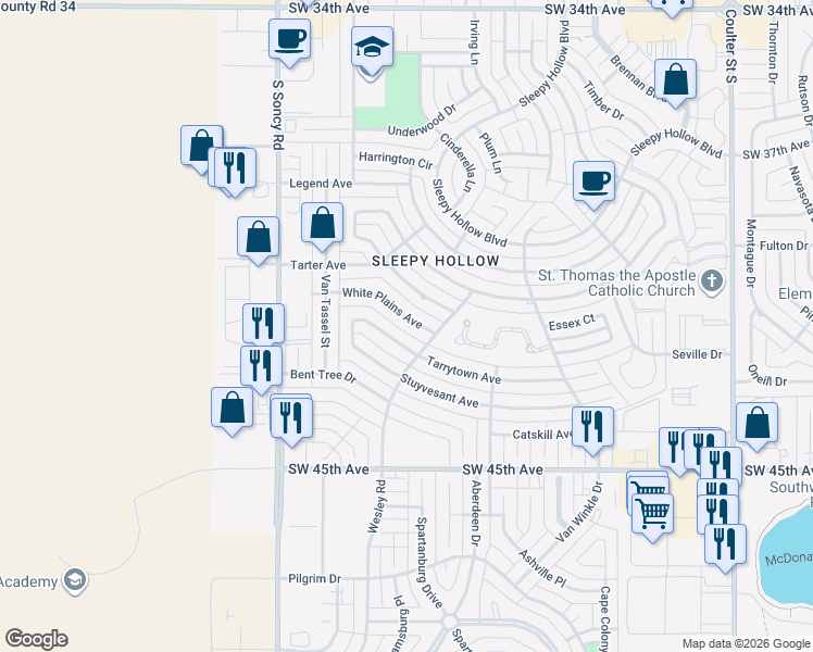 map of restaurants, bars, coffee shops, grocery stores, and more near 7701 White Plains Avenue in Amarillo