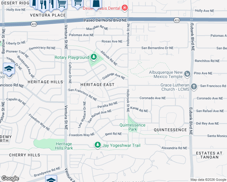 map of restaurants, bars, coffee shops, grocery stores, and more near 9601 Seligman Avenue Northeast in Albuquerque