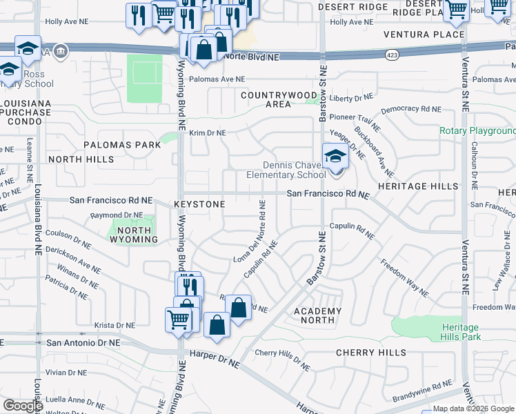 map of restaurants, bars, coffee shops, grocery stores, and more near 8133 Shannon Street Northeast in Albuquerque
