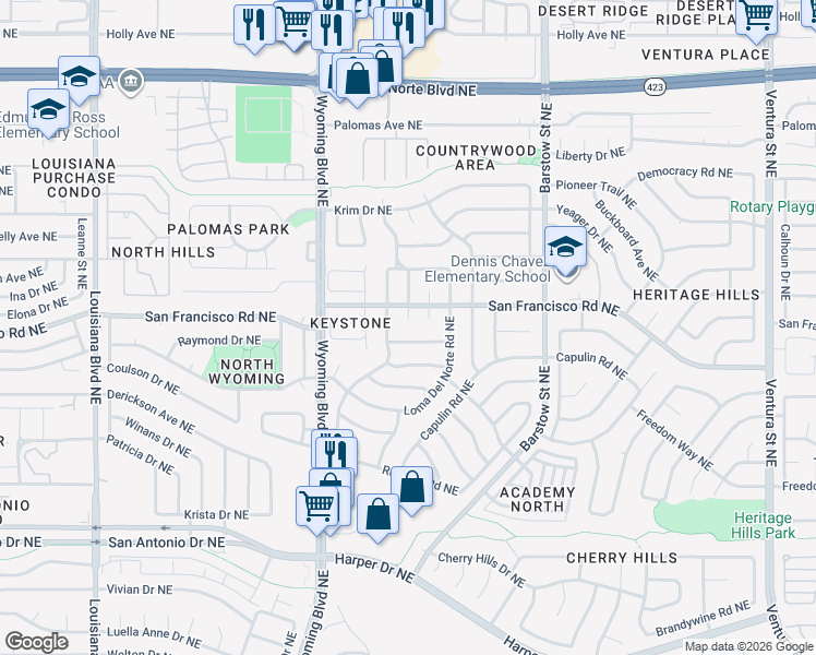 map of restaurants, bars, coffee shops, grocery stores, and more near 8101 Shannon Street Northeast in Albuquerque