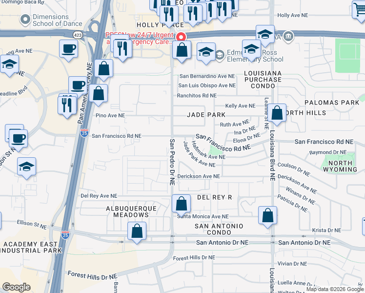 map of restaurants, bars, coffee shops, grocery stores, and more near 6512 Jade Park Avenue Northeast in Albuquerque