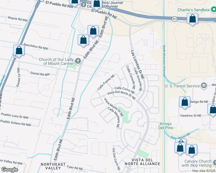 map of restaurants, bars, coffee shops, grocery stores, and more near 7608 Via De Calma Northeast in Albuquerque