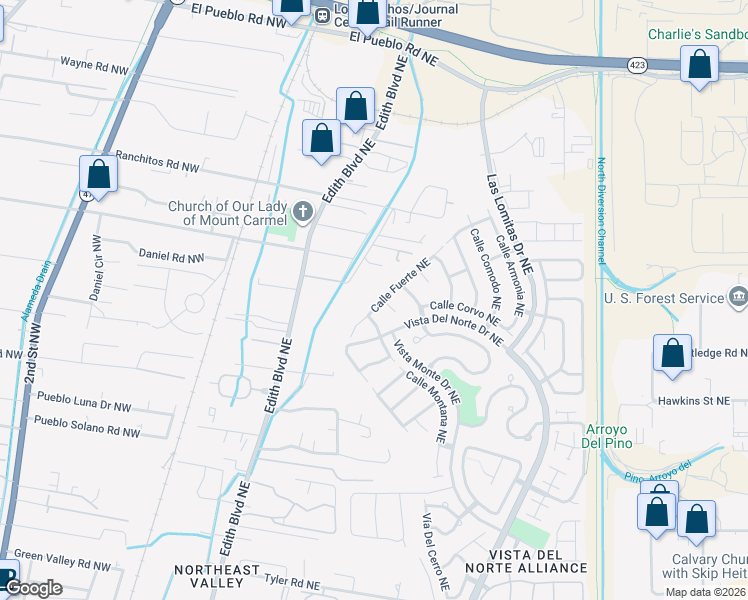 map of restaurants, bars, coffee shops, grocery stores, and more near 905 Calle Fuerte Northeast in Albuquerque