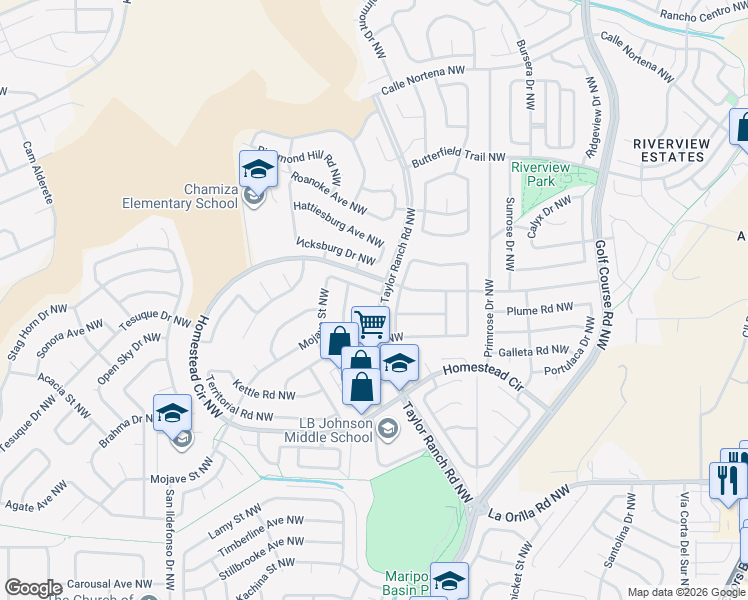 map of restaurants, bars, coffee shops, grocery stores, and more near 7301 Santa Fe Trail Northwest in Albuquerque
