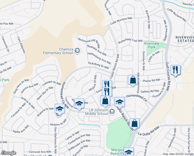 map of restaurants, bars, coffee shops, grocery stores, and more near 7200 Hearth Drive Northwest in Albuquerque