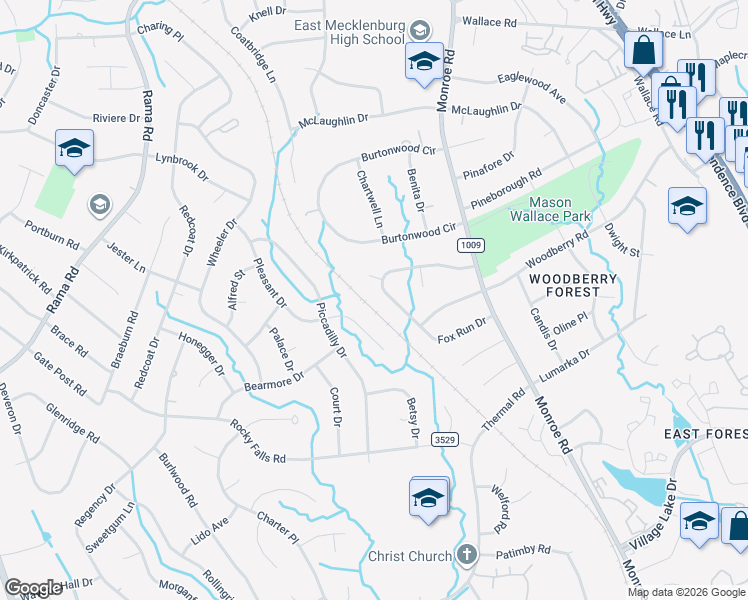 map of restaurants, bars, coffee shops, grocery stores, and more near 1310 Fox Run Drive in Charlotte