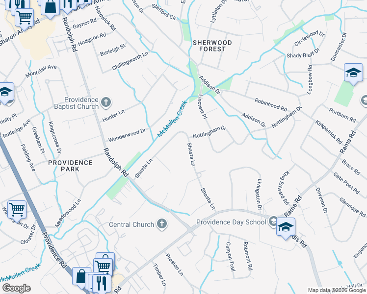 map of restaurants, bars, coffee shops, grocery stores, and more near 351 Shasta Lane in Charlotte