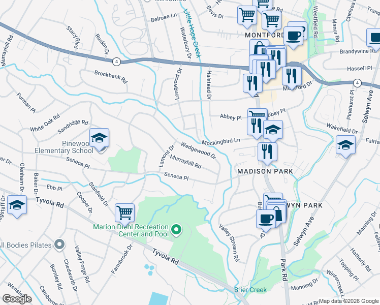 map of restaurants, bars, coffee shops, grocery stores, and more near 5742 Wedgewood Drive in Charlotte