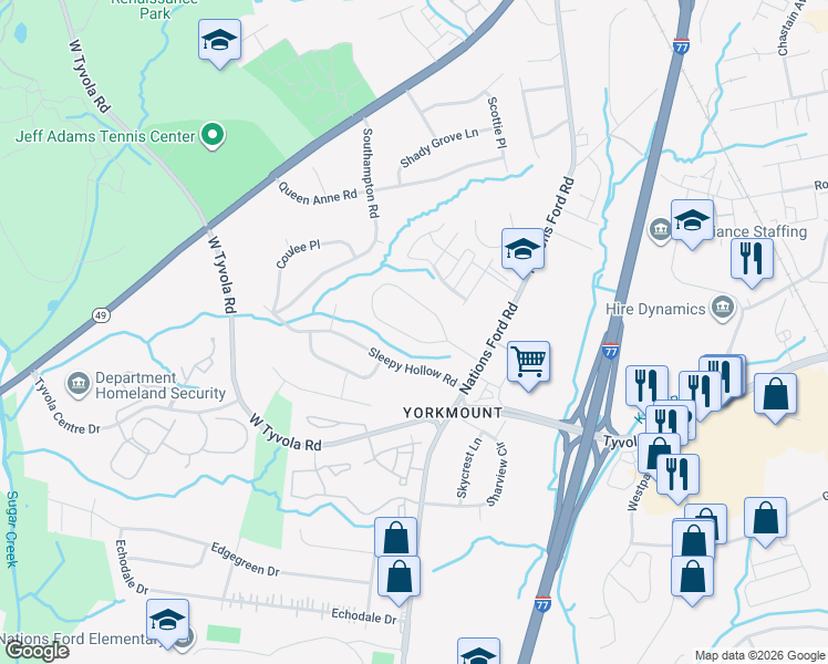 map of restaurants, bars, coffee shops, grocery stores, and more near 818 Wilbrown Circle in Charlotte
