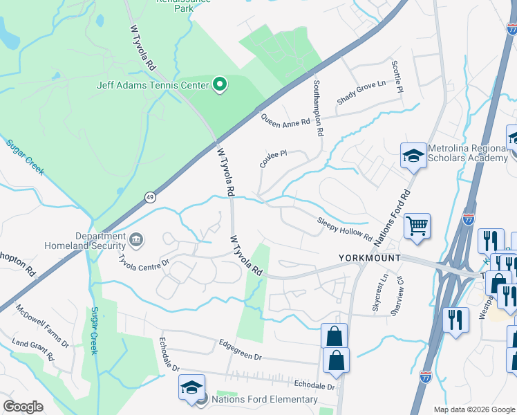 map of restaurants, bars, coffee shops, grocery stores, and more near 535 Sleepy Hollow Road in Charlotte