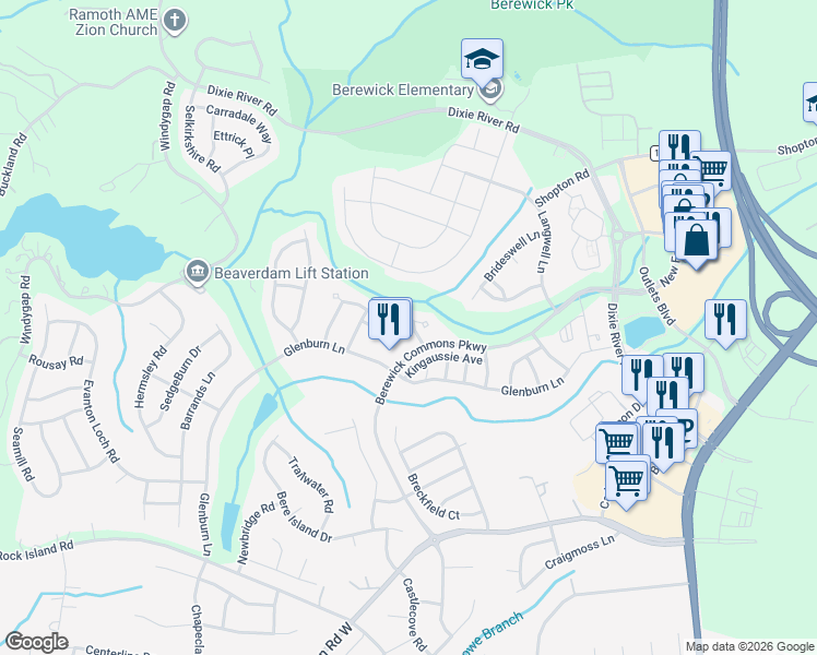 map of restaurants, bars, coffee shops, grocery stores, and more near 9510 Birkwood Court in Charlotte