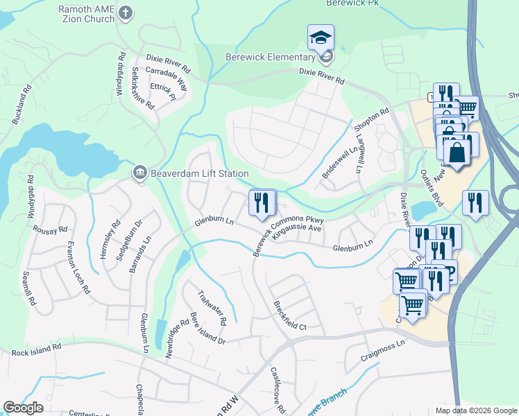 map of restaurants, bars, coffee shops, grocery stores, and more near 9510 Birkwood Court in Charlotte