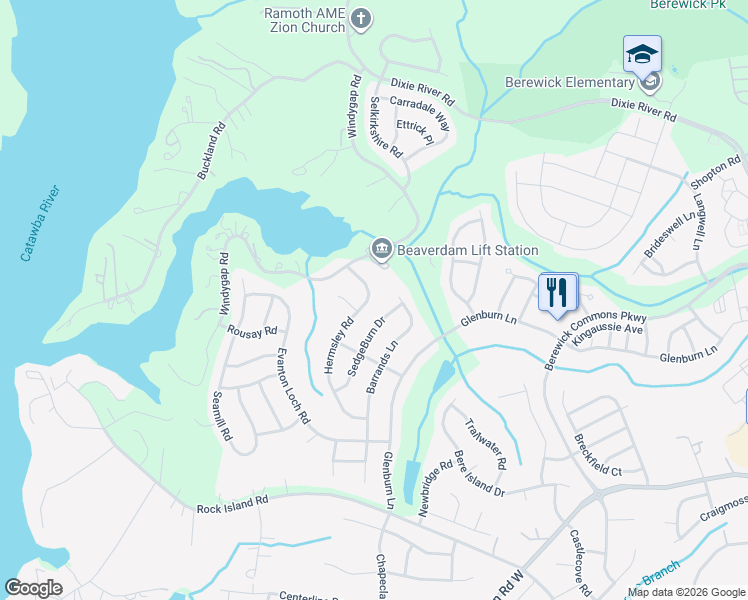 map of restaurants, bars, coffee shops, grocery stores, and more near 6503 Hermsley Road in Charlotte