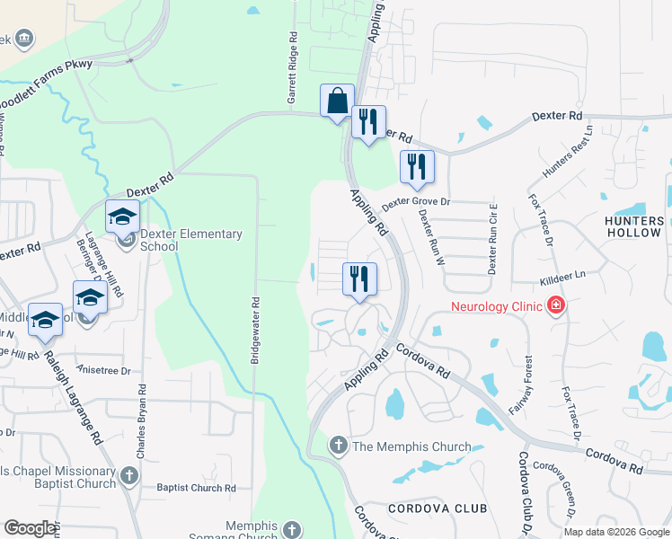 map of restaurants, bars, coffee shops, grocery stores, and more near 7423 Appling Rain Drive in Shelby County