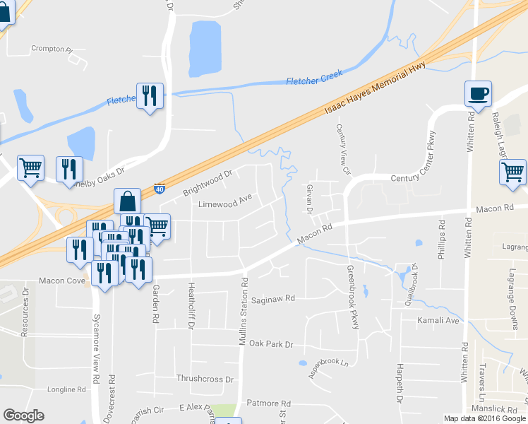map of restaurants, bars, coffee shops, grocery stores, and more near 6389 Gillham Drive in Memphis