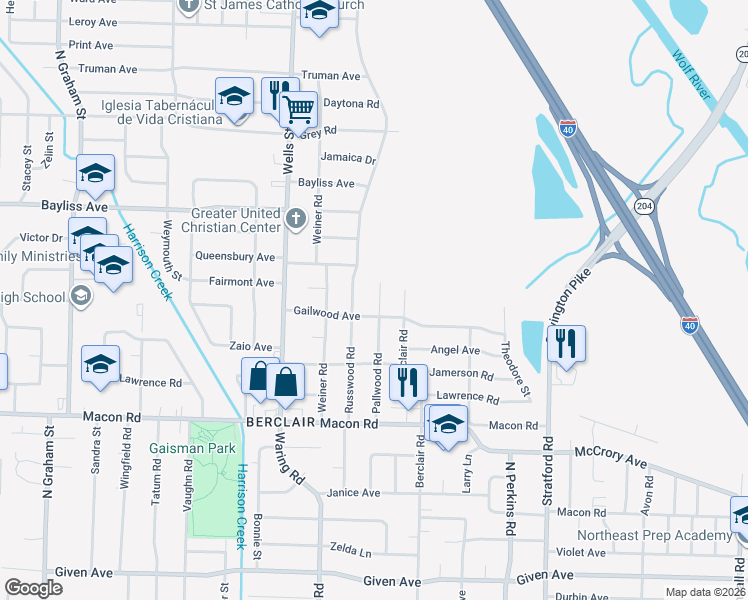 map of restaurants, bars, coffee shops, grocery stores, and more near 4434 Gailwood Avenue in Memphis
