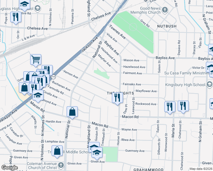 map of restaurants, bars, coffee shops, grocery stores, and more near 3570 Vernon Avenue in Memphis