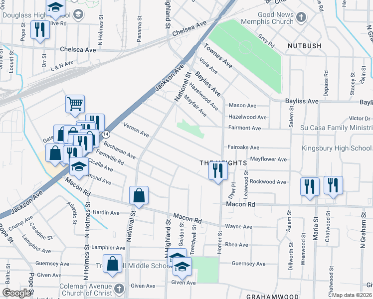 map of restaurants, bars, coffee shops, grocery stores, and more near 3529 Vernon Avenue in Memphis